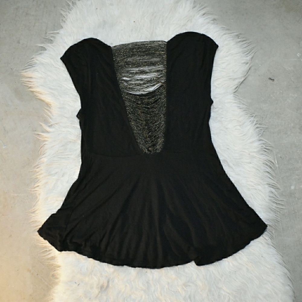 Free people open fringe back black blouse